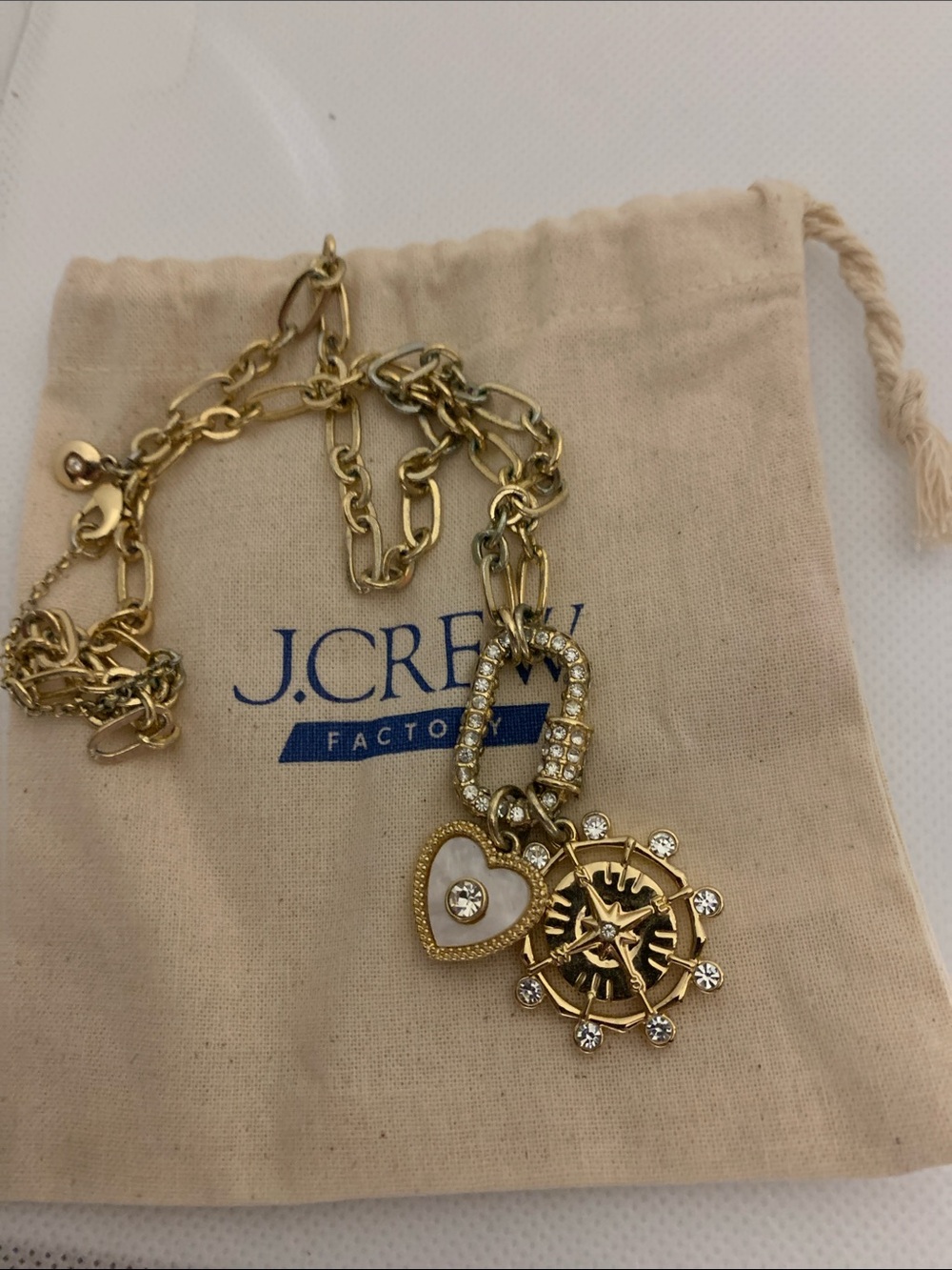 J. Crew Gold Compass and Heart Charm Necklace with Crystals